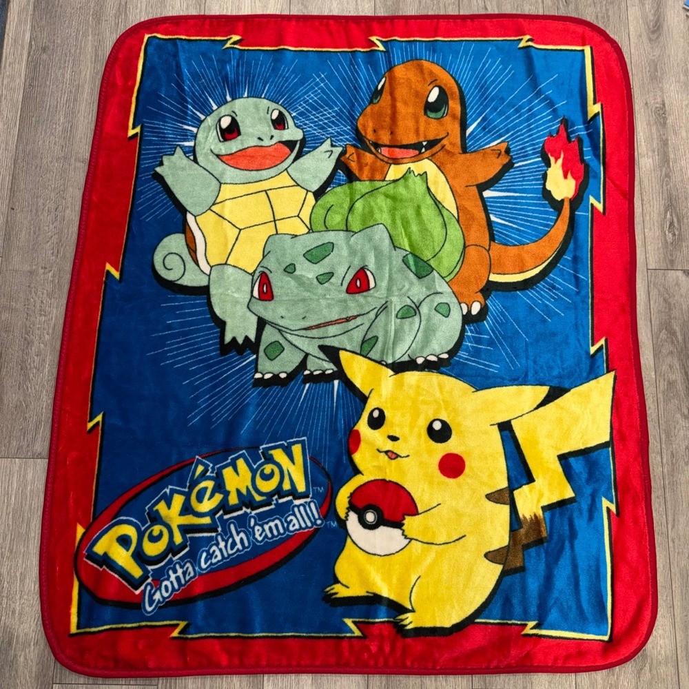 Vintage Pokemon Blanket Pikachu Charmander Bulbasaur Squirtle Blue Red 43x50